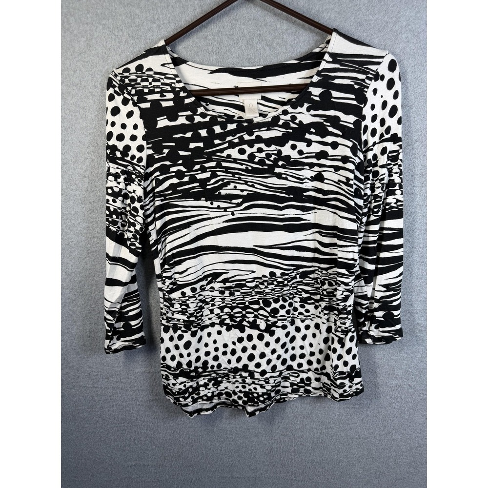 Chicos Shirt Womens Womens S/4 (Chicos 0) Black White Abstract Print 3/4 Sleeve